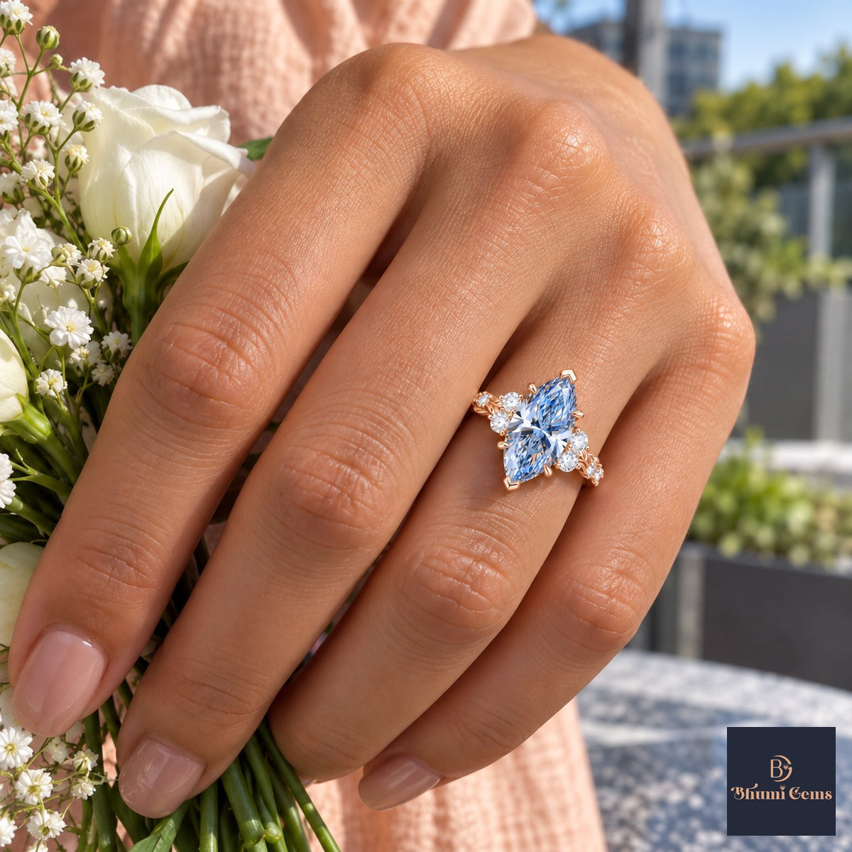 Blue Marquise Cut Lab Grown Diamond Engagement Ring - Cluster Vine Band in rose gold, on the hand