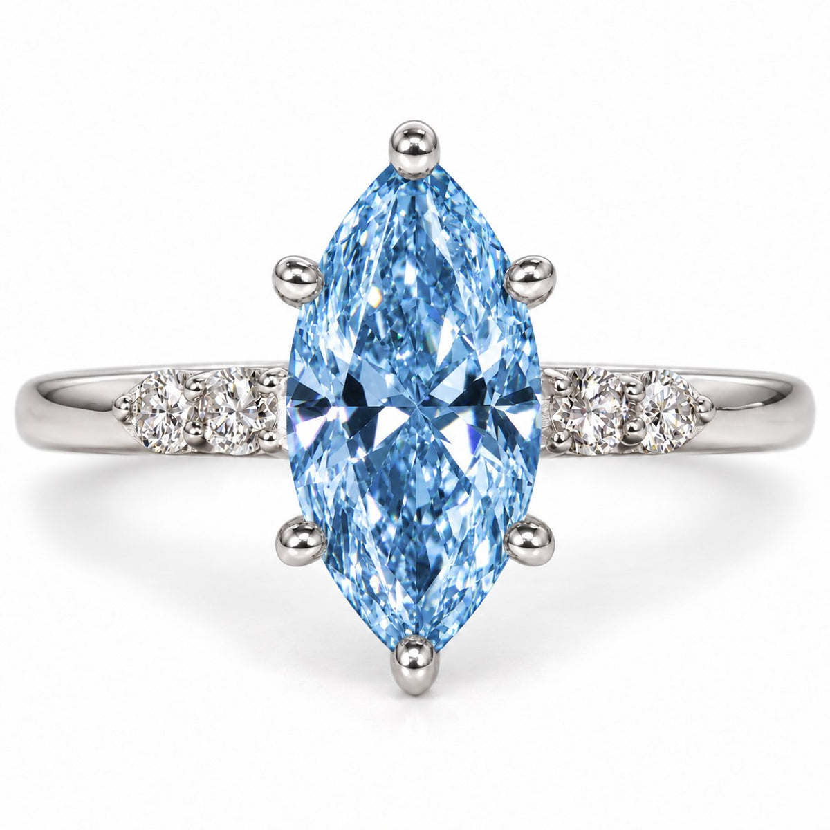 Blue Marquise Cut Lab Grown Diamond Engagement Ring - Round Accents in white gold, front view