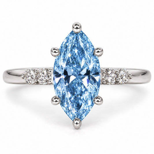 Blue Marquise Cut Lab Grown Diamond Engagement Ring - Round Accents in white gold, front view