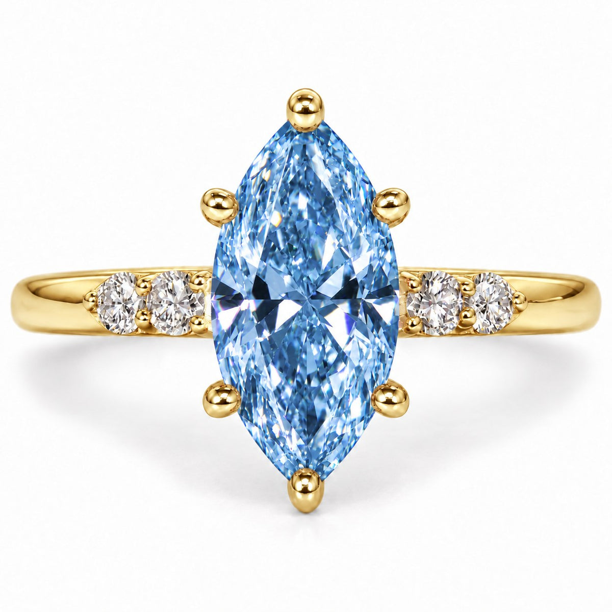 Blue Marquise Cut Lab Grown Diamond Engagement Ring - Round Accents in yellow gold, front view