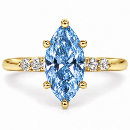 Blue Marquise Cut Lab Grown Diamond Engagement Ring - Round Accents in yellow gold, front view