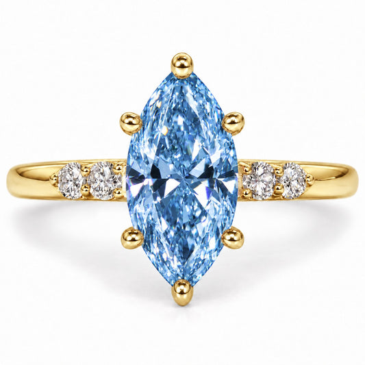 Blue Marquise Cut Lab Grown Diamond Engagement Ring - Round Accents in yellow gold, front view