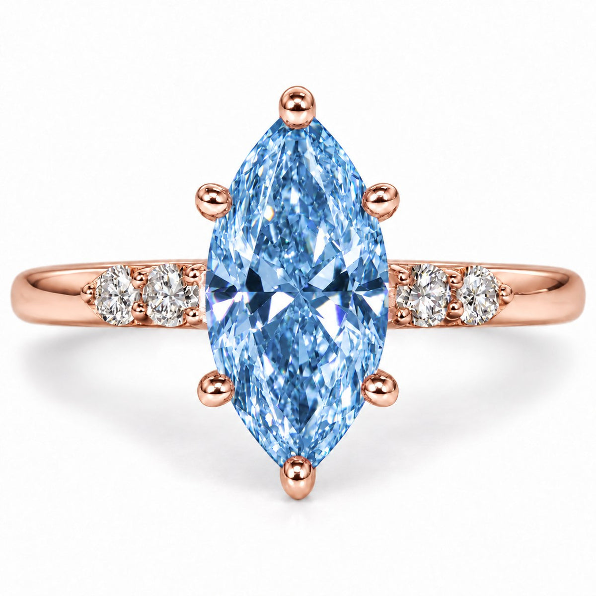 Blue Marquise Cut Lab Grown Diamond Engagement Ring - Round Accents in rose gold, front view
