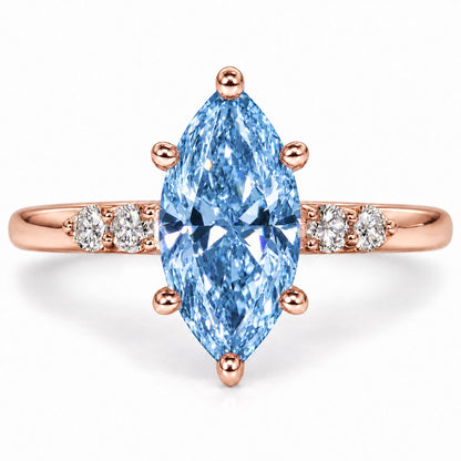Blue Marquise Cut Lab Grown Diamond Engagement Ring - Round Accents in rose gold, front view
