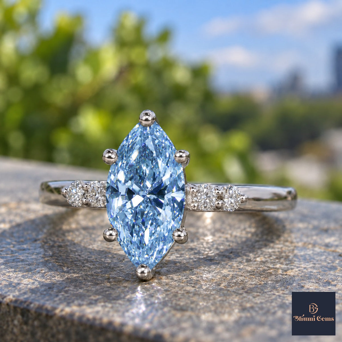 Blue Marquise Cut Lab Grown Diamond Engagement Ring - Round Accents in white gold, close-up
