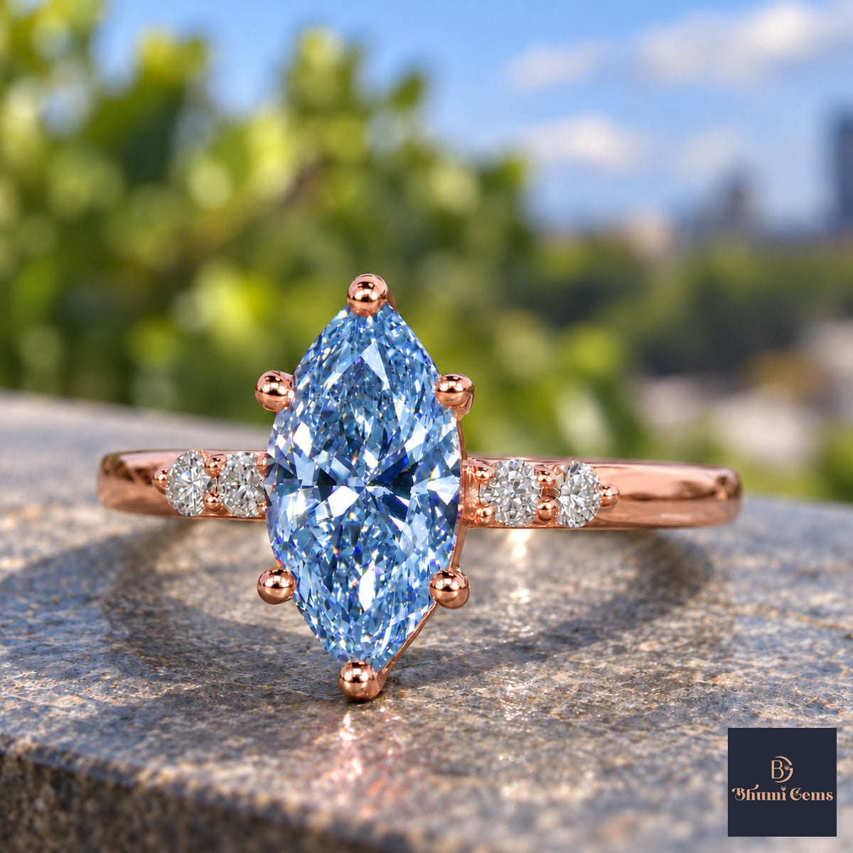 Blue Marquise Cut Lab Grown Diamond Engagement Ring - Round Accents in rose gold, close-up