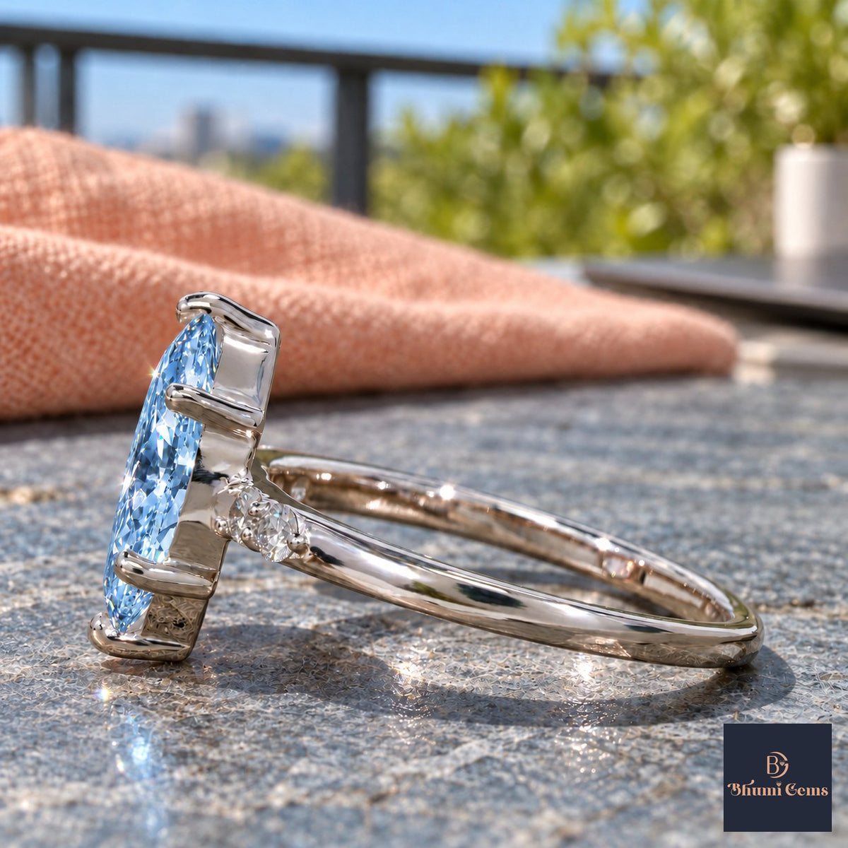Blue Marquise Cut Lab Grown Diamond Engagement Ring - Round Accents in white gold, side view