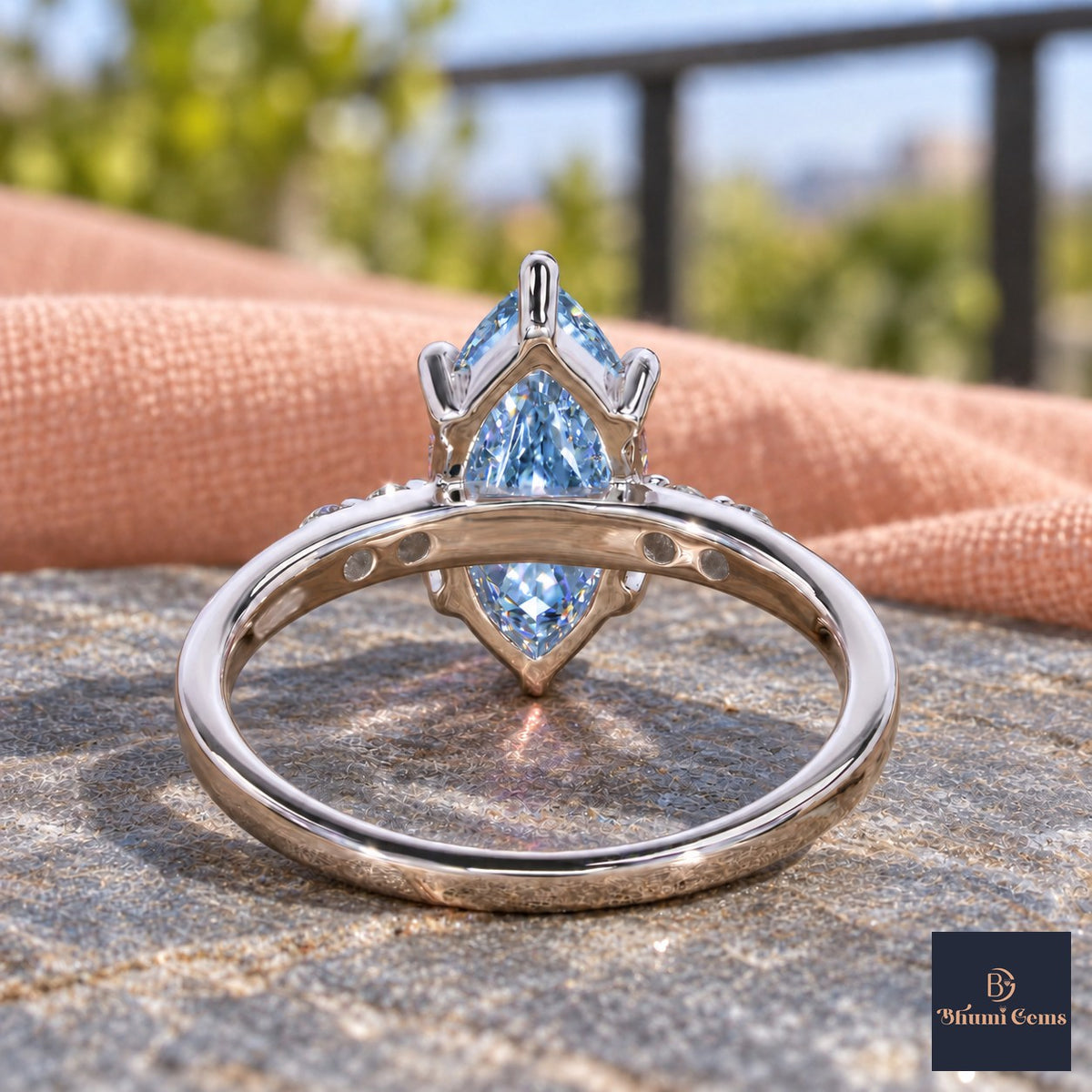 Blue Marquise Cut Lab Grown Diamond Engagement Ring - Round Accents in white gold, gallery view