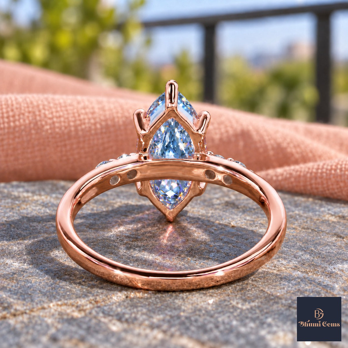 Blue Marquise Cut Lab Grown Diamond Engagement Ring - Round Accents in rose gold, gallery view