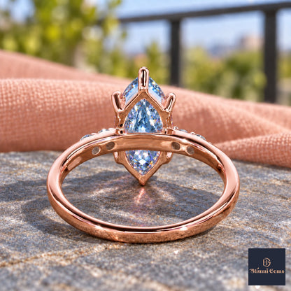 Blue Marquise Cut Lab Grown Diamond Engagement Ring - Round Accents in rose gold, gallery view