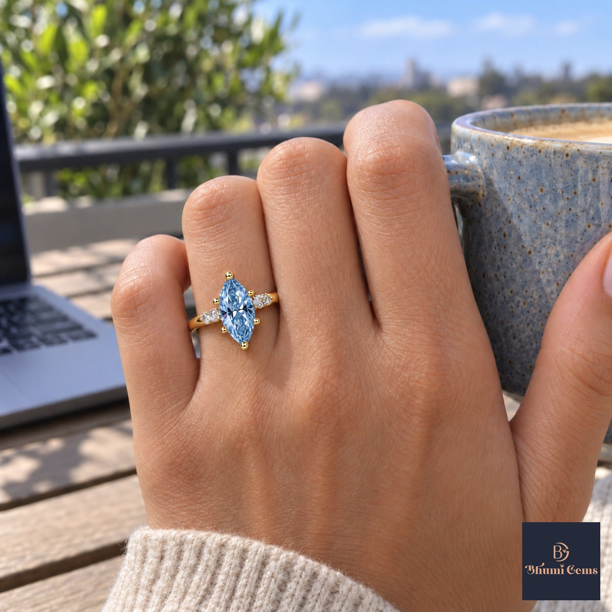Blue Marquise Cut Lab Grown Diamond Engagement Ring - Round Accents in yellow gold, on the hand