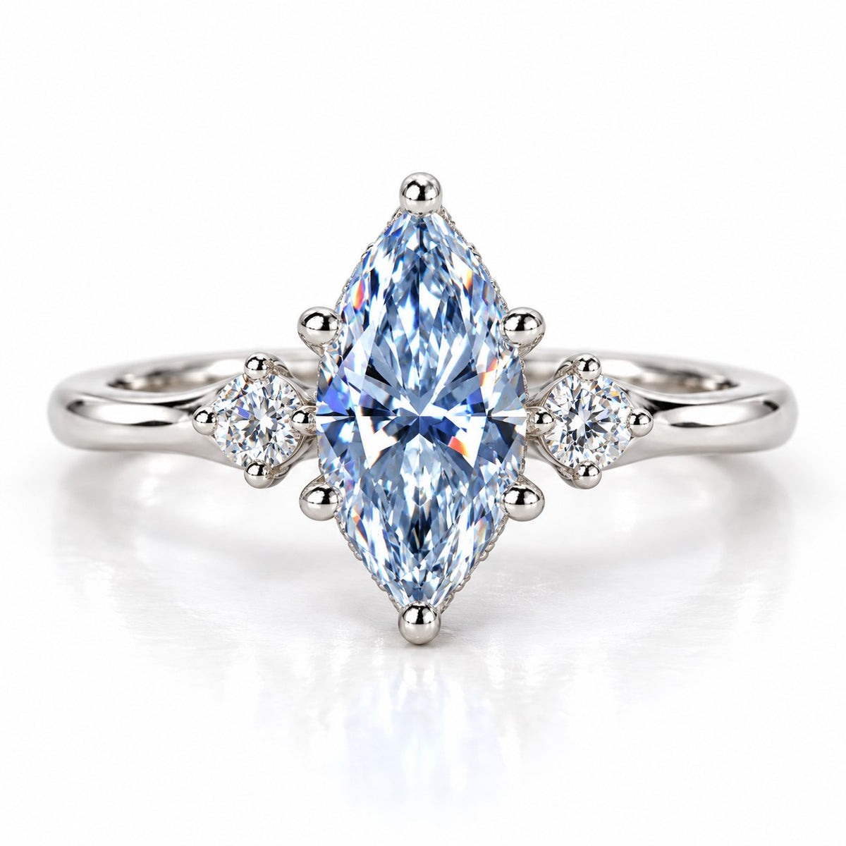 Blue Marquise Cut Lab Grown Diamond Engagement Ring - Three Stone in white gold, front view