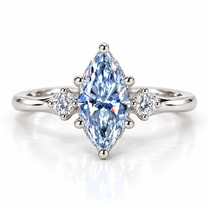 Blue Marquise Cut Lab Grown Diamond Engagement Ring - Three Stone in white gold, front view