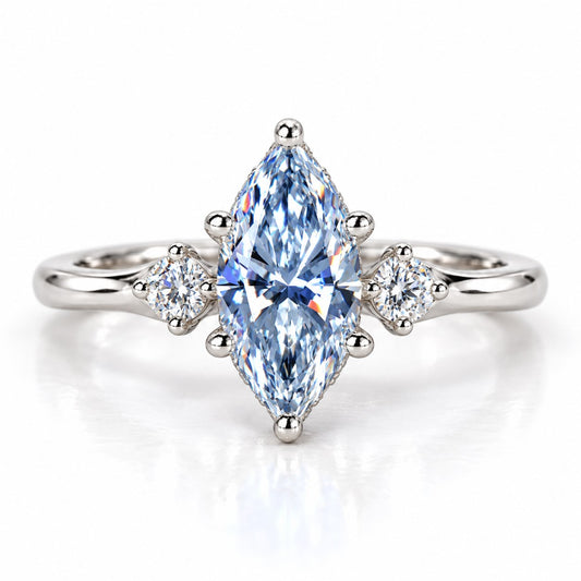 Blue Marquise Cut Lab Grown Diamond Engagement Ring - Three Stone in white gold, front view