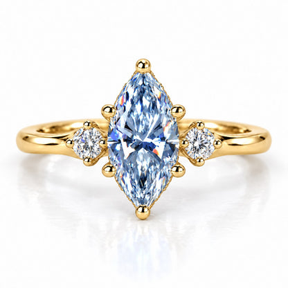 Blue Marquise Cut Lab Grown Diamond Engagement Ring - Three Stone in yellow gold, front view