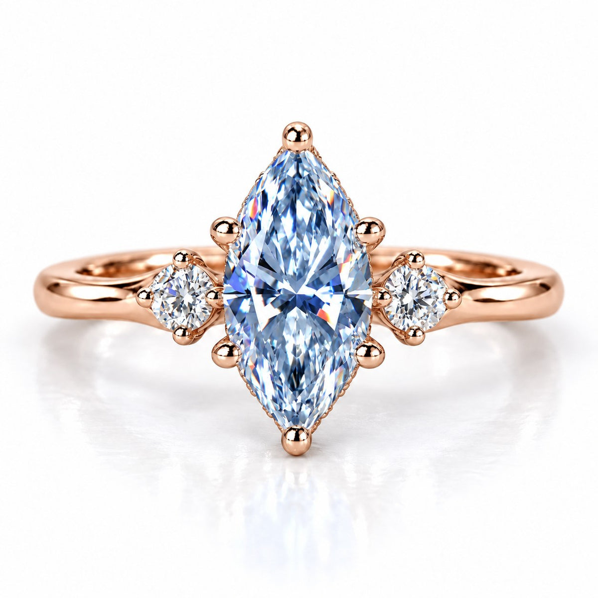 Blue Marquise Cut Lab Grown Diamond Engagement Ring - Three Stone in rose gold, front view