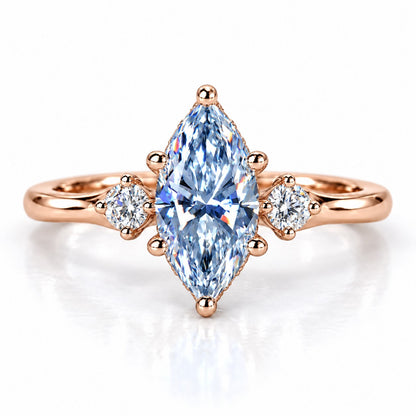 Blue Marquise Cut Lab Grown Diamond Engagement Ring - Three Stone in rose gold, front view