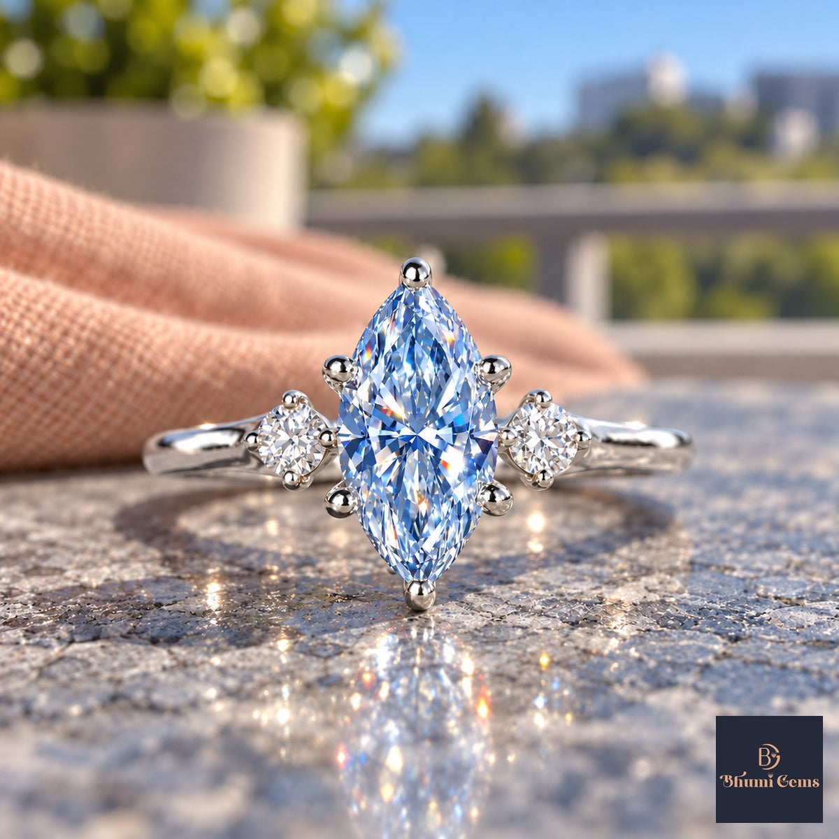 Blue Marquise Cut Lab Grown Diamond Engagement Ring - Three Stone in white gold, close-up