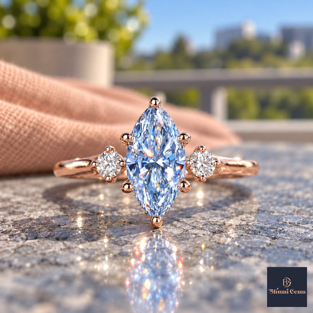 Blue Marquise Cut Lab Grown Diamond Engagement Ring - Three Stone in rose gold, close-up
