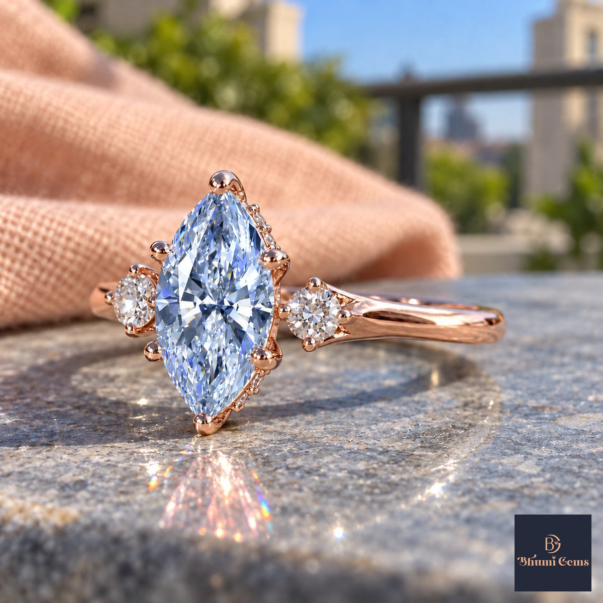 Blue Marquise Cut Lab Grown Diamond Engagement Ring - Three Stone in rose gold, side view