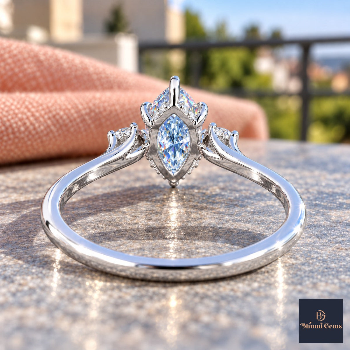Blue Marquise Cut Lab Grown Diamond Engagement Ring - Three Stone in white gold, gallery view