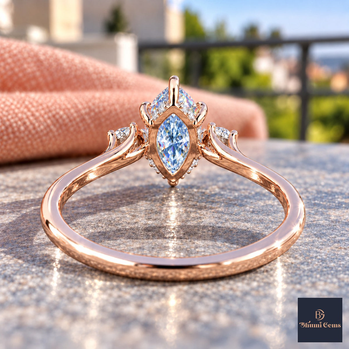 Blue Marquise Cut Lab Grown Diamond Engagement Ring - Three Stone in rose gold, gallery view