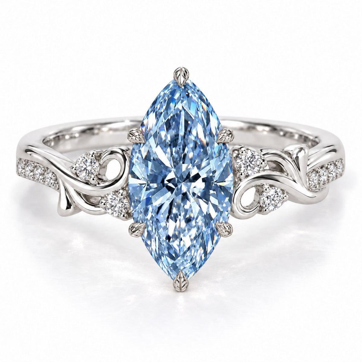 Blue Marquise Cut Lab Grown Diamond Engagement Ring - Vintage Scroll in white gold, front view