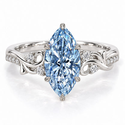 Blue Marquise Cut Lab Grown Diamond Engagement Ring - Vintage Scroll in white gold, front view