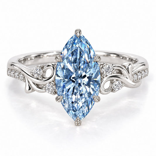 Blue Marquise Cut Lab Grown Diamond Engagement Ring - Vintage Scroll in white gold, front view