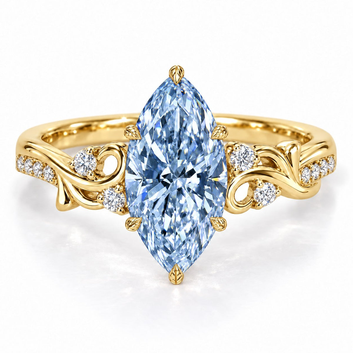 Blue Marquise Cut Lab Grown Diamond Engagement Ring - Vintage Scroll in yellow gold, front view
