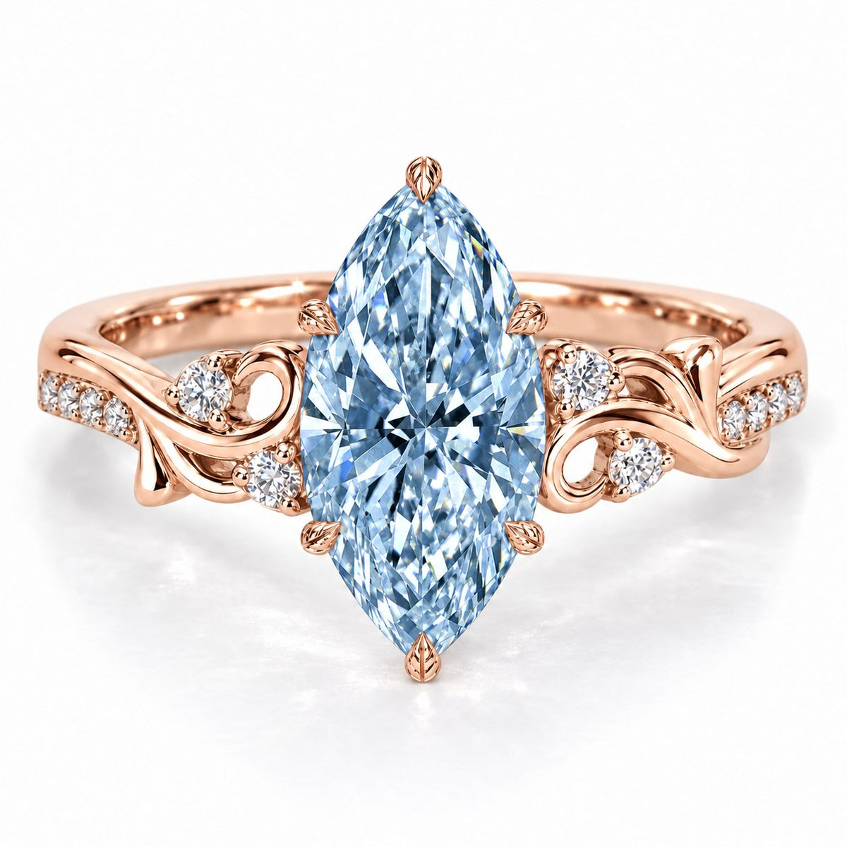 Blue Marquise Cut Lab Grown Diamond Engagement Ring - Vintage Scroll in rose gold, front view
