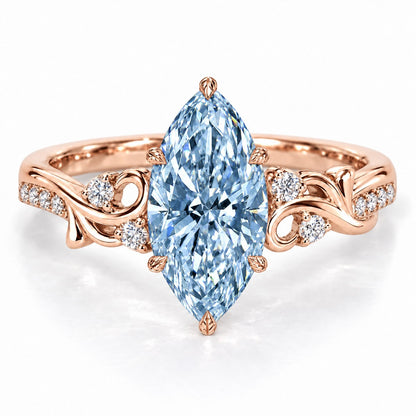 Blue Marquise Cut Lab Grown Diamond Engagement Ring - Vintage Scroll in rose gold, front view