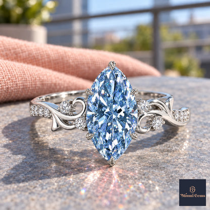 Blue Marquise Cut Lab Grown Diamond Engagement Ring - Vintage Scroll in white gold, close-up