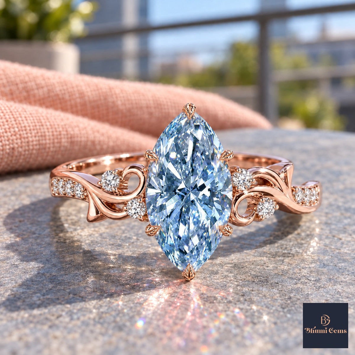 Blue Marquise Cut Lab Grown Diamond Engagement Ring - Vintage Scroll in rose gold, close-up