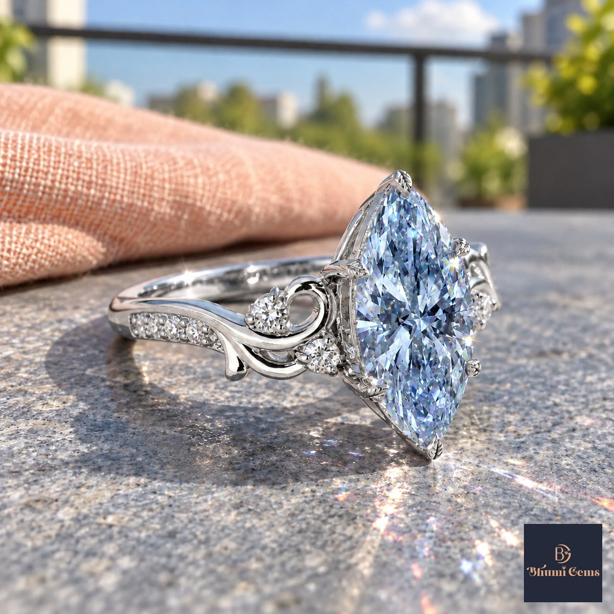 Blue Marquise Cut Lab Grown Diamond Engagement Ring - Vintage Scroll in white gold, side view