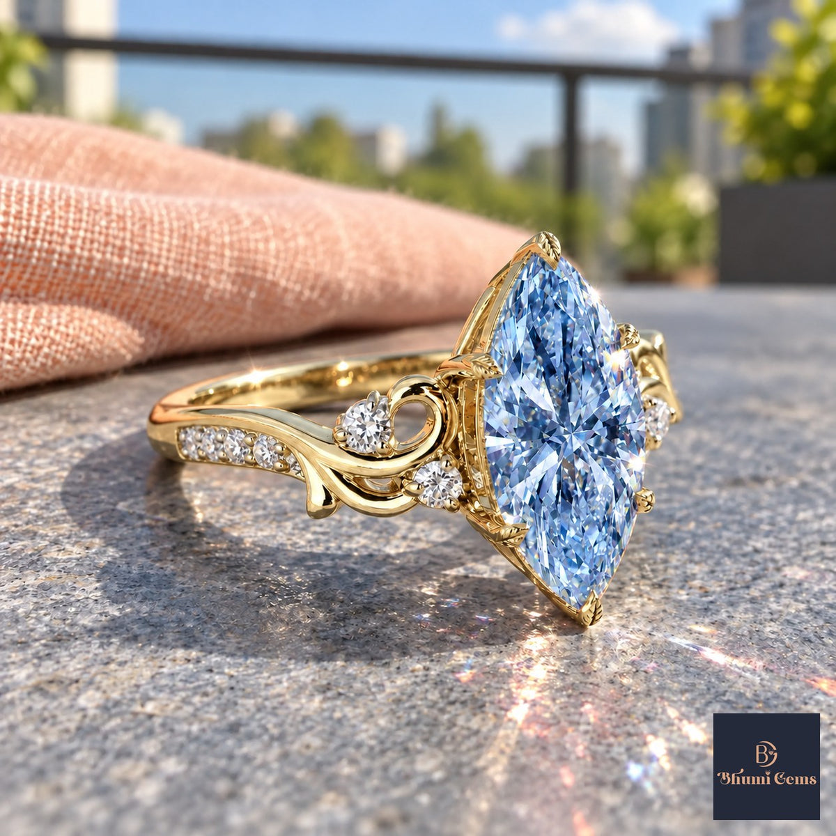 Blue Marquise Cut Lab Grown Diamond Engagement Ring - Vintage Scroll in yellow gold, side view