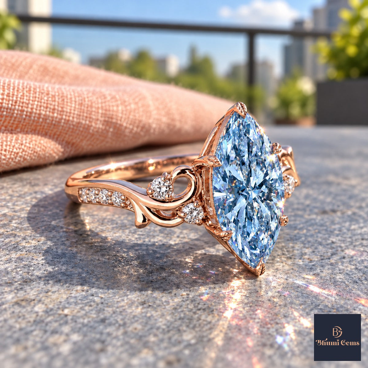 Blue Marquise Cut Lab Grown Diamond Engagement Ring - Vintage Scroll in rose gold, side view