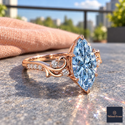 Blue Marquise Cut Lab Grown Diamond Engagement Ring - Vintage Scroll in rose gold, side view