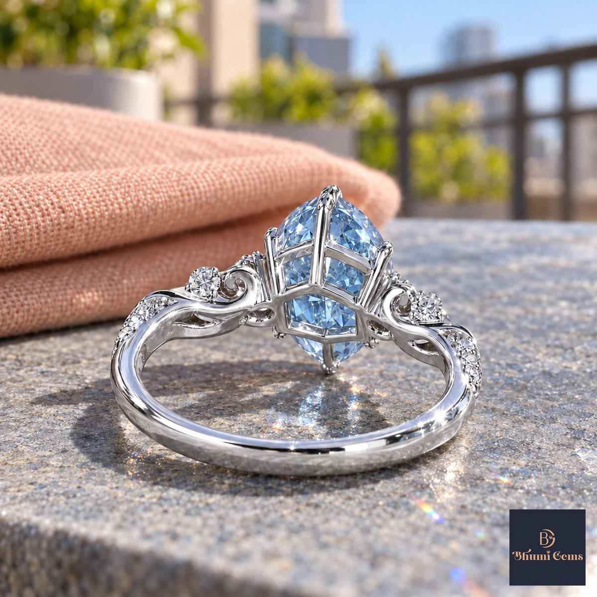 Blue Marquise Cut Lab Grown Diamond Engagement Ring - Vintage Scroll in white gold, gallery view