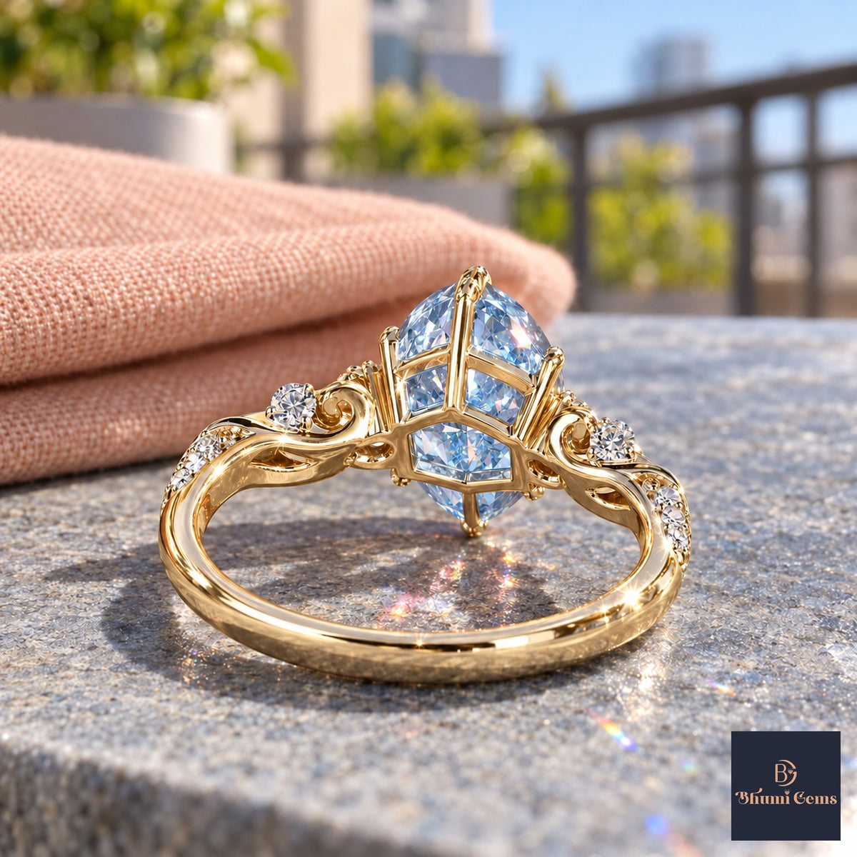 Blue Marquise Cut Lab Grown Diamond Engagement Ring - Vintage Scroll in yellow gold, gallery view