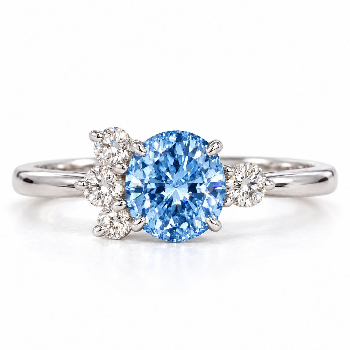Blue Oval Cut Lab Grown Diamond Engagement Ring - Asymmetric Cluster in white gold, front view