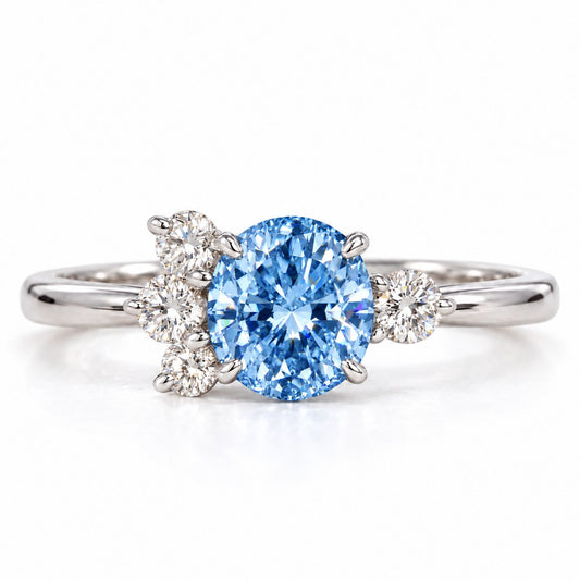 Blue Oval Cut Lab Grown Diamond Engagement Ring - Asymmetric Cluster in white gold, front view