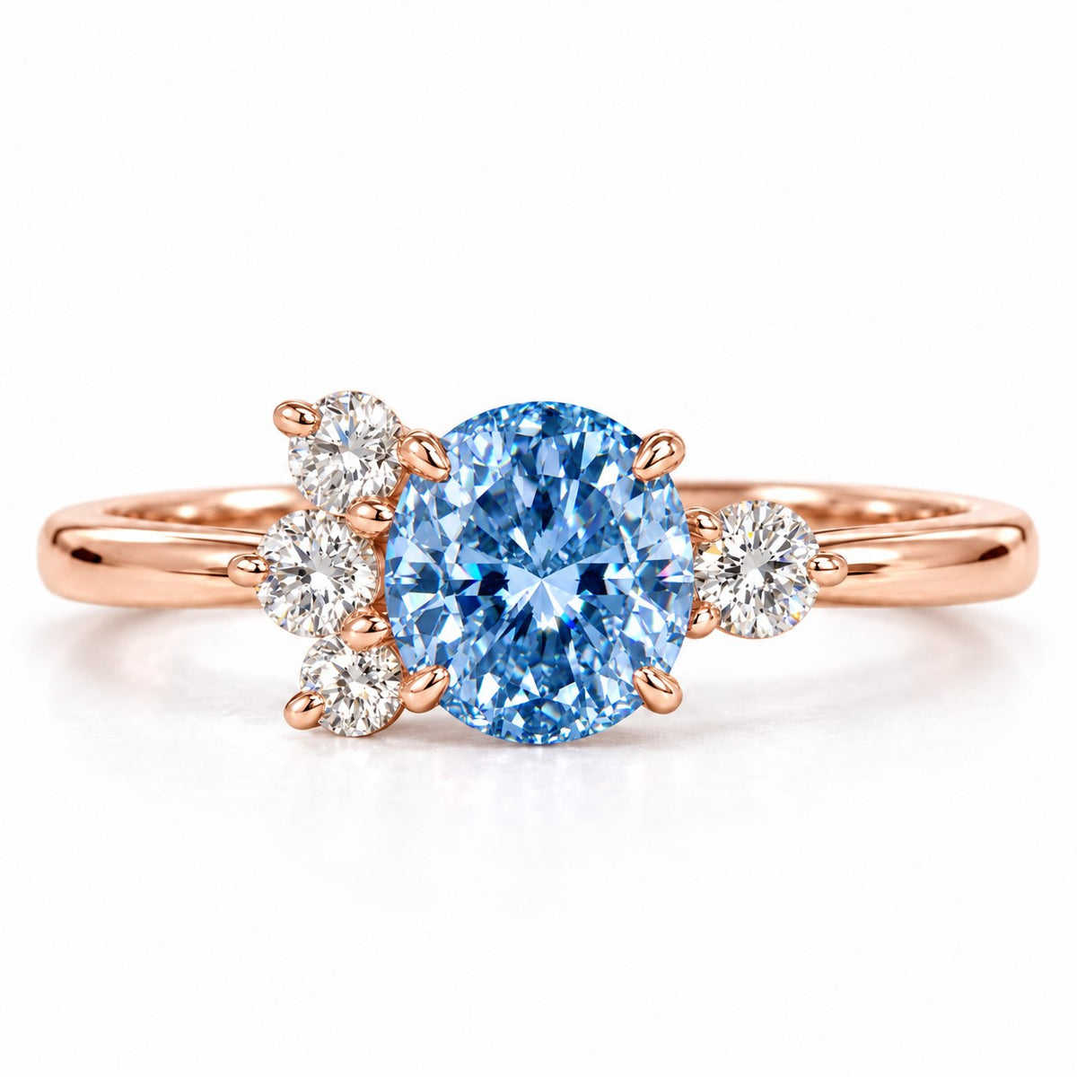 Blue Oval Cut Lab Grown Diamond Engagement Ring - Asymmetric Cluster in rose gold, front view