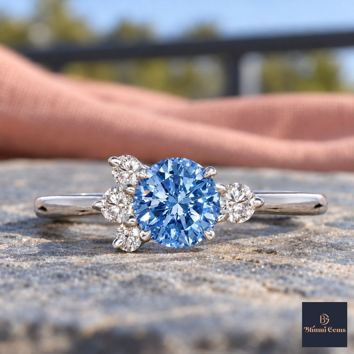 Blue Oval Cut Lab Grown Diamond Engagement Ring - Asymmetric Cluster in white gold, close-up