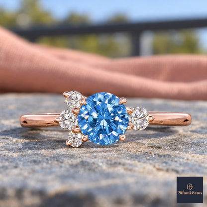 Blue Oval Cut Lab Grown Diamond Engagement Ring - Asymmetric Cluster in rose gold, close-up