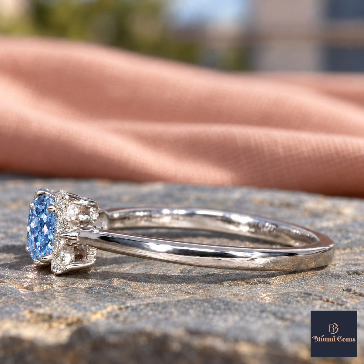 Blue Oval Cut Lab Grown Diamond Engagement Ring - Asymmetric Cluster in white gold, side view
