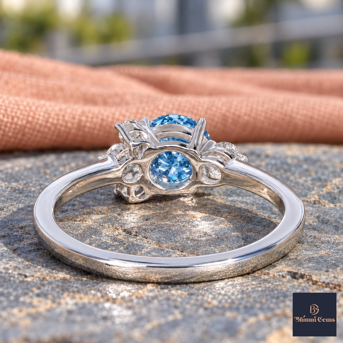 Blue Oval Cut Lab Grown Diamond Engagement Ring - Asymmetric Cluster in white gold, gallery view