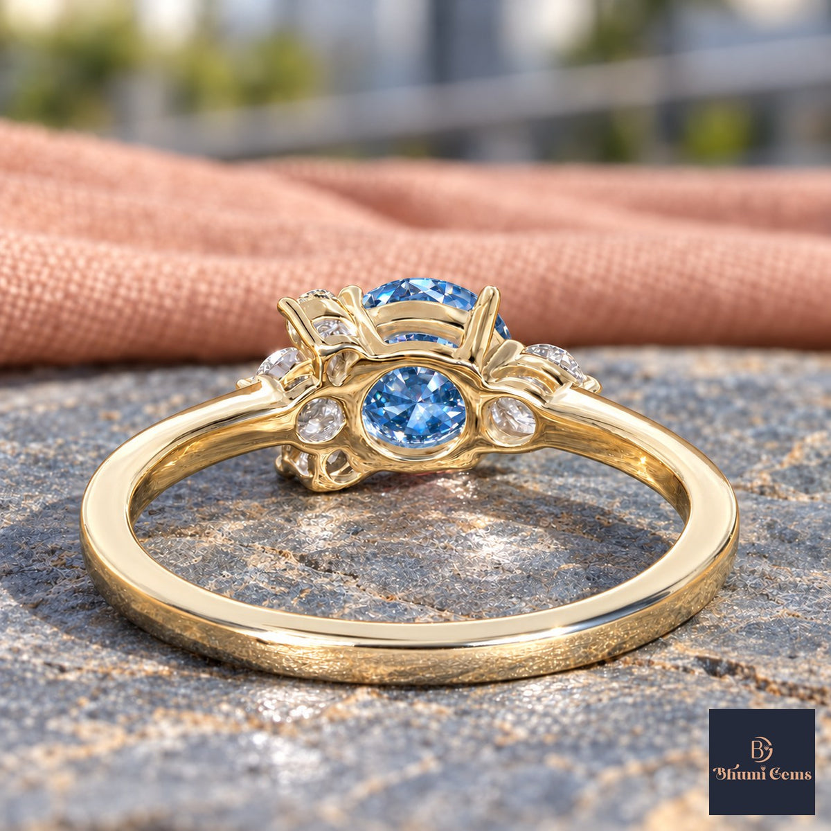 Blue Oval Cut Lab Grown Diamond Engagement Ring - Asymmetric Cluster in yellow gold, gallery view