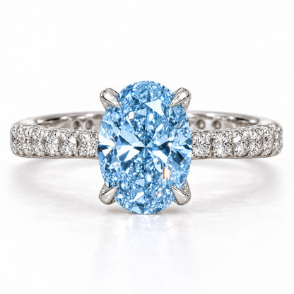Blue Oval Cut Lab Grown Diamond Engagement Ring - Cathedral Pave Band in white gold, front view