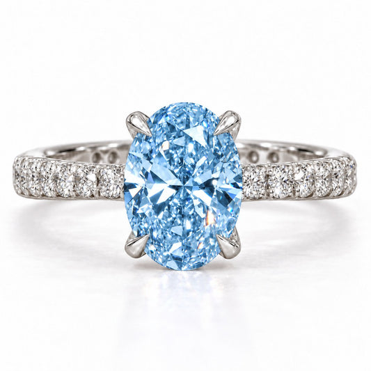 Blue Oval Cut Lab Grown Diamond Engagement Ring - Cathedral Pave Band in white gold, front view